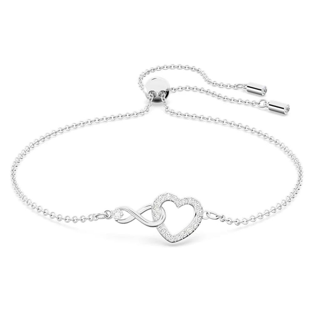 Hyperbola bracelet, Infinity and heart, White, Rhodium plated by SWAROVSKI