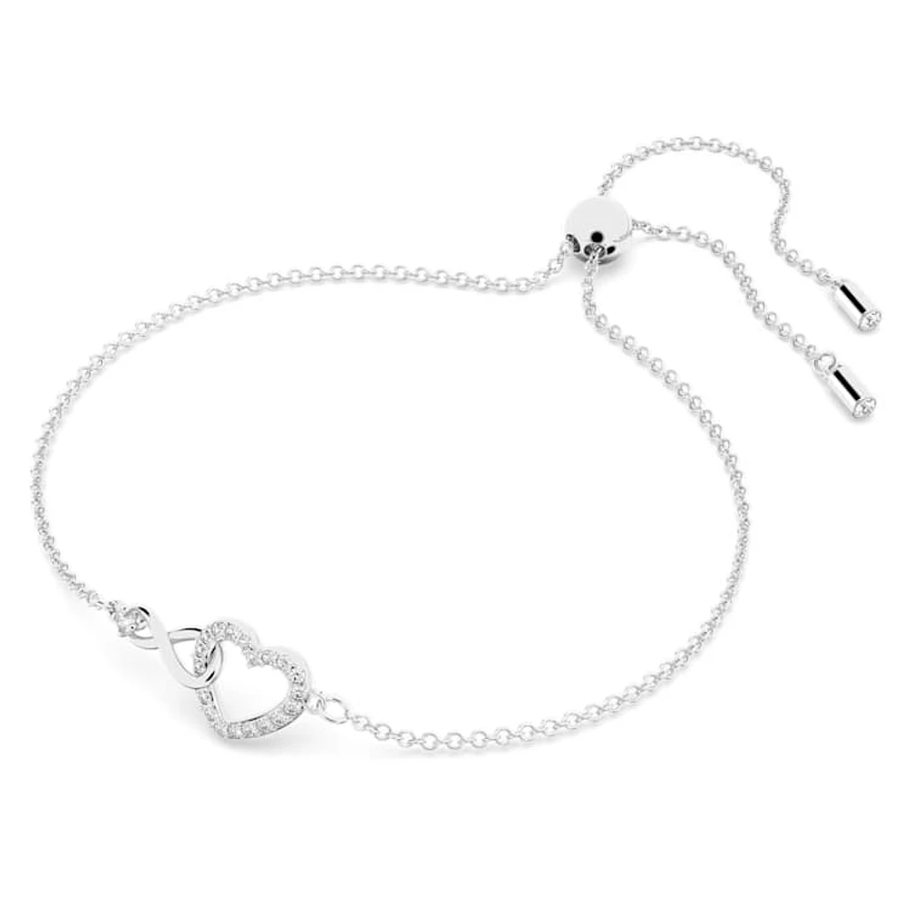 Hyperbola bracelet, Infinity and heart, White, Rhodium plated by SWAROVSKI