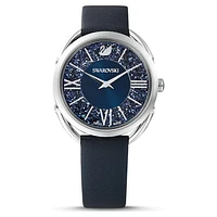 Crystalline Glam watch, Swiss Made, Leather strap, Blue, Stainless steel by SWAROVSKI