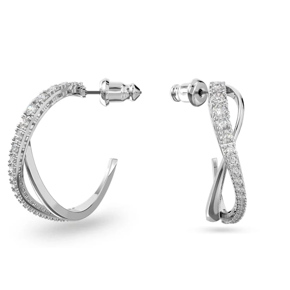 Hyperbola hoop earrings, White, Rhodium plated by SWAROVSKI