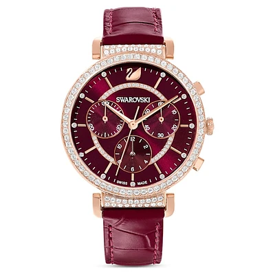 Relógio Passage Chrono, Fabrico suíço, Pulseira de couro, Vermelho, Acabamento em rosa dourado by SWAROVSKI