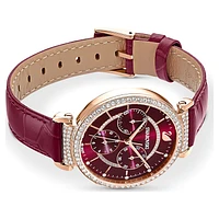 Passage Chrono watch, Swiss Made, Leather strap, Red, Rose gold-tone finish by SWAROVSKI