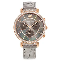 Passage Chrono watch, Swiss Made, Leather strap, Grey, Rose gold-tone finish by SWAROVSKI