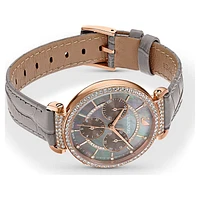 Passage Chrono watch, Swiss Made, Leather strap, Grey, Rose gold-tone finish by SWAROVSKI