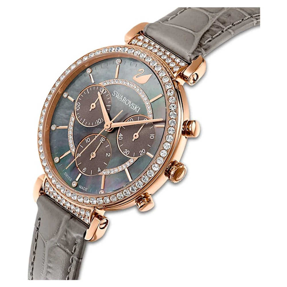 Passage Chrono watch, Swiss Made, Leather strap, Grey, Rose gold-tone finish by SWAROVSKI