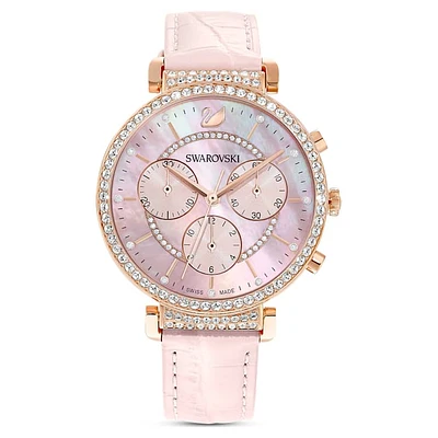 Passage Chrono watch, Swiss Made, Leather strap, Pink, Rose gold-tone finish by SWAROVSKI