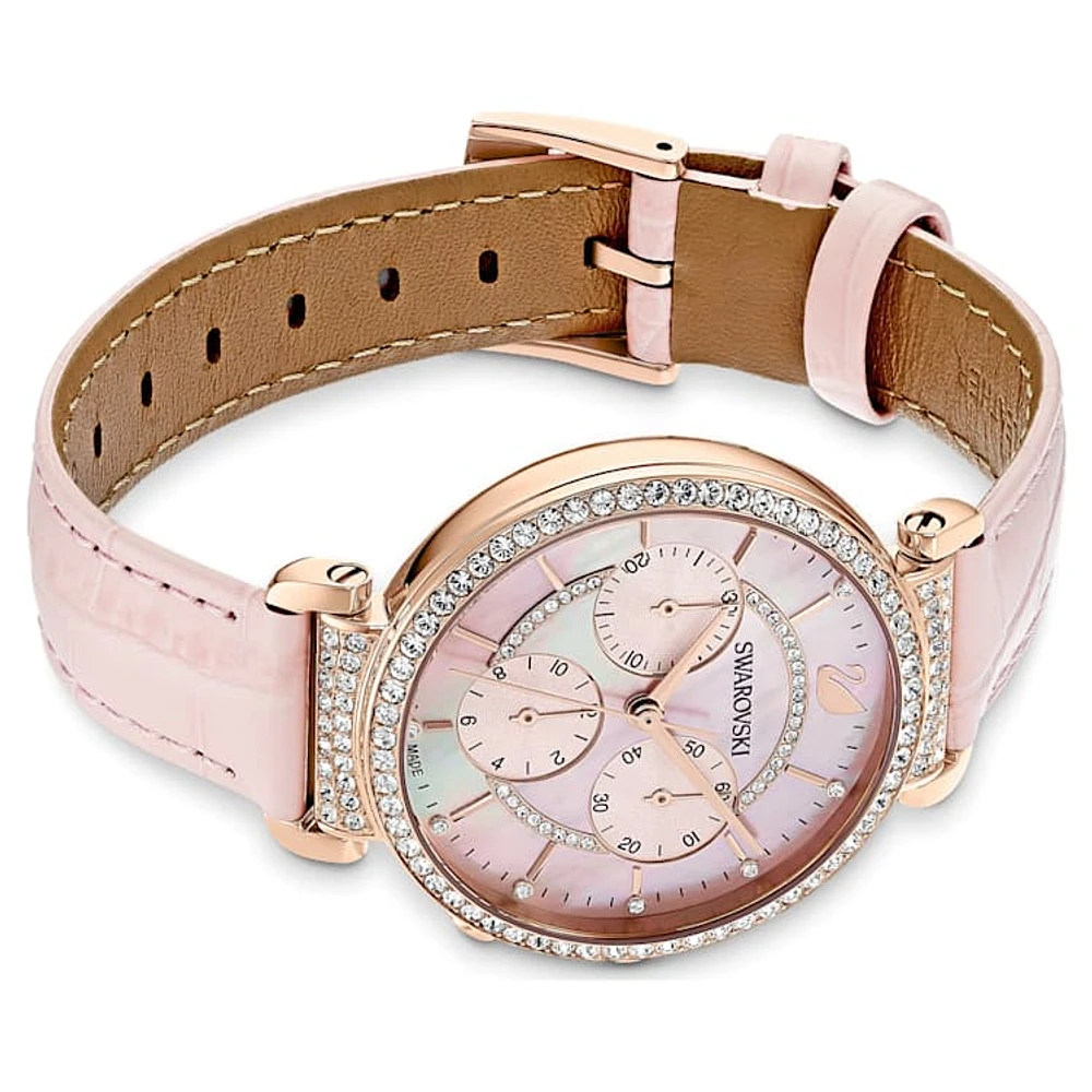 Passage Chrono watch, Swiss Made, Leather strap, Pink, Rose gold-tone finish by SWAROVSKI