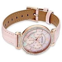 Passage Chrono watch, Swiss Made, Leather strap, Pink, Rose gold-tone finish by SWAROVSKI