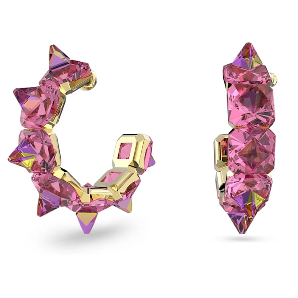 Matrix hoop earrings, Pyramid cut, Pink, Gold-tone plated by SWAROVSKI