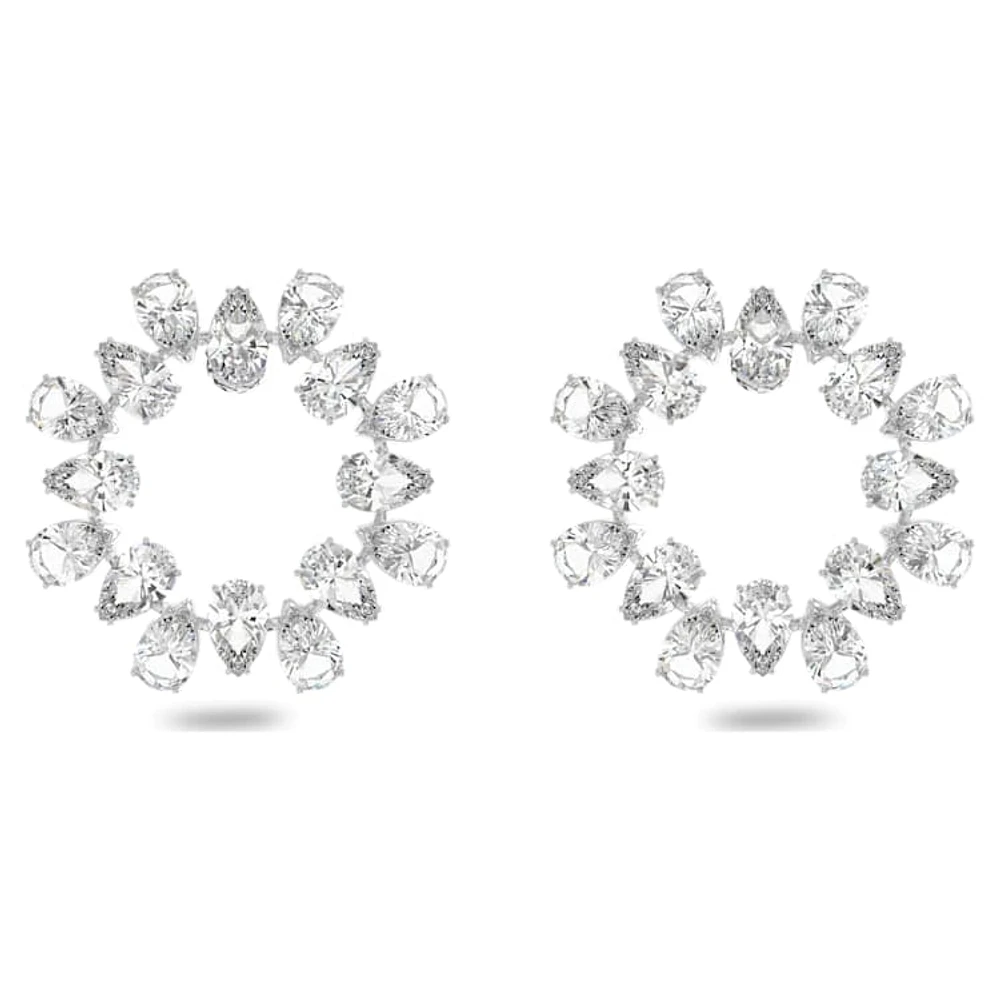 Matrix hoop earrings, Pear cut, White, Rhodium plated by SWAROVSKI