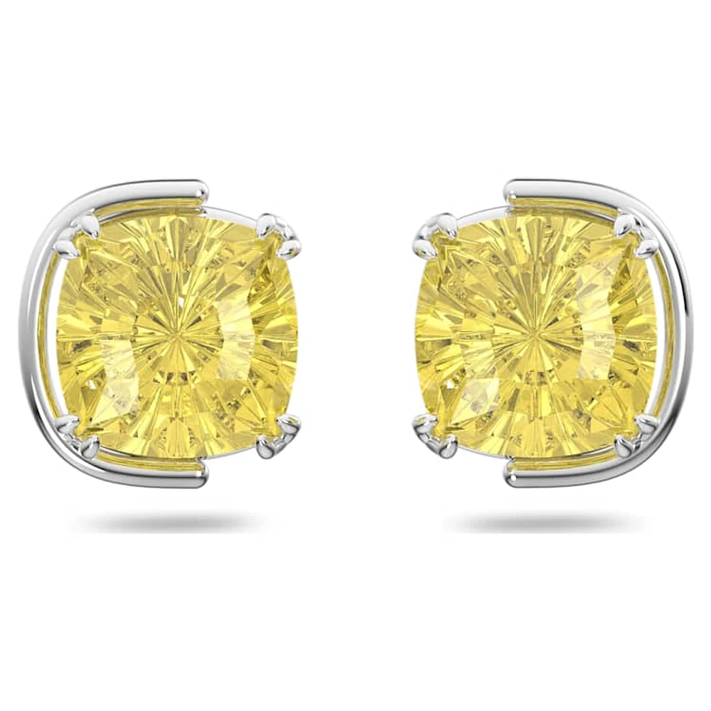 Harmonia stud earrings, Cushion cut, Yellow, Rhodium plated by SWAROVSKI