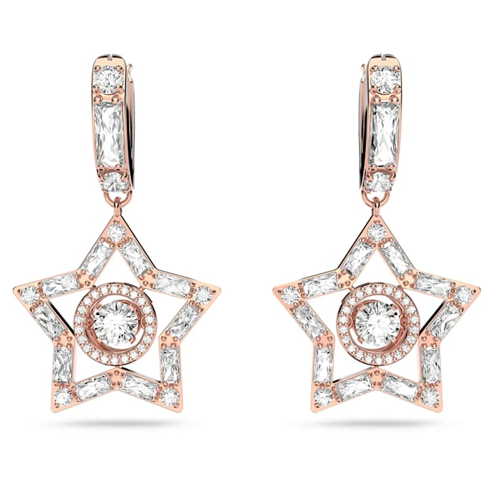 Stella drop earrings, Mixed cuts, Star, White, Rose gold-tone plated by SWAROVSKI