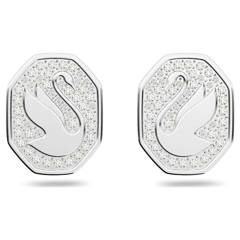 Swan stud earrings, Swan, White, Rhodium plated by SWAROVSKI