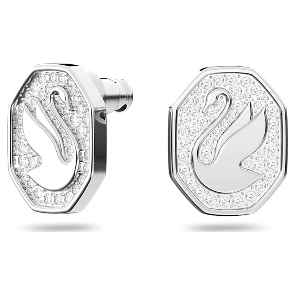 Swan stud earrings, Swan, White, Rhodium plated by SWAROVSKI