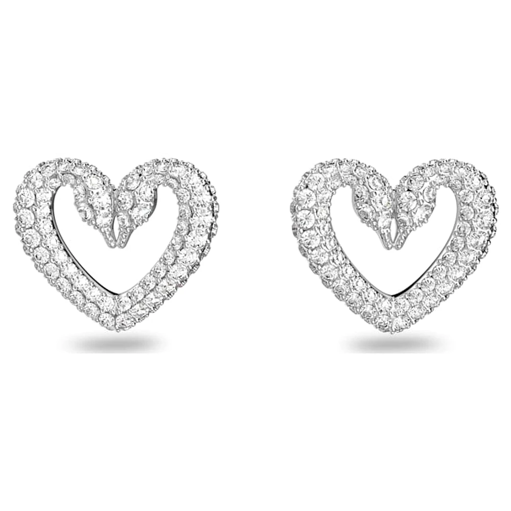 Sublima stud earrings, Heart, Medium, White, Rhodium plated by SWAROVSKI