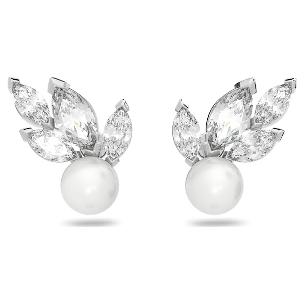 Louison Pearl stud earrings, Leaf, White, Rhodium plated by SWAROVSKI