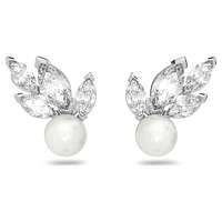 Louison Pearl stud earrings, Leaf, White, Rhodium plated by SWAROVSKI