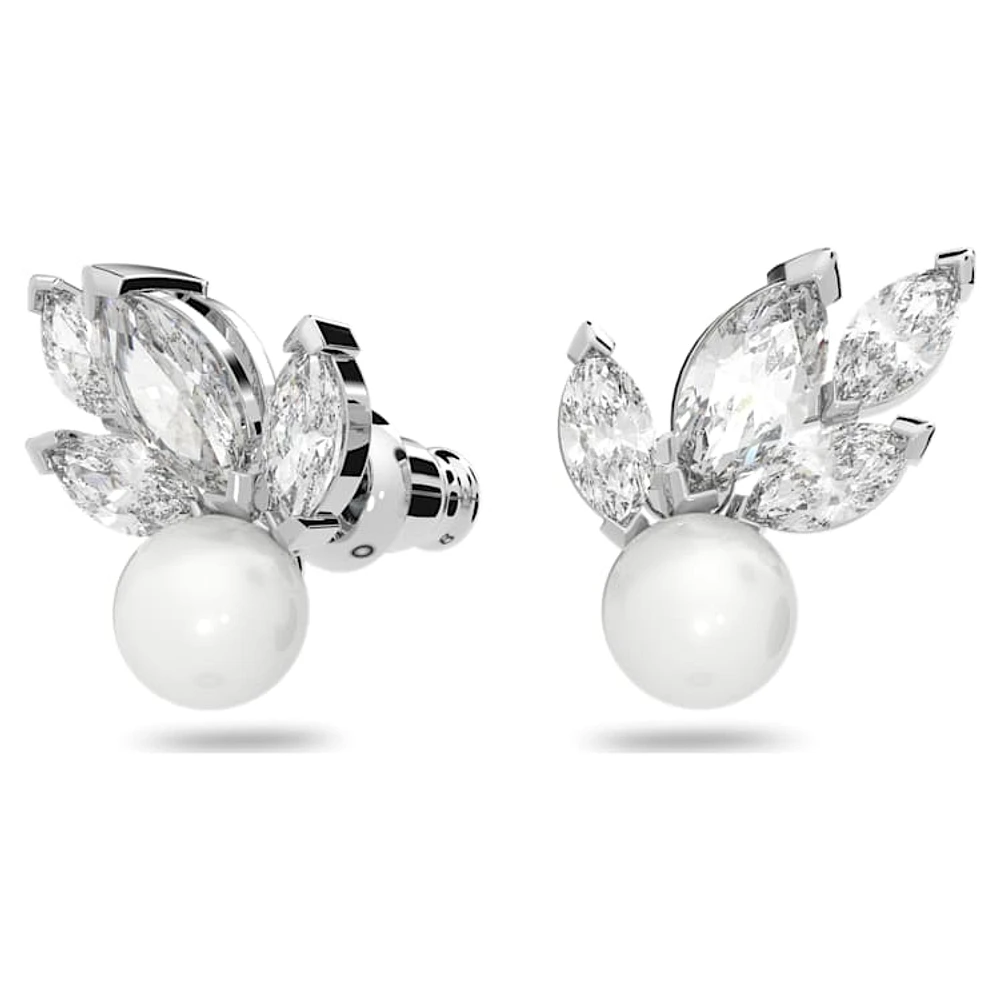 Louison Pearl stud earrings, Leaf, White, Rhodium plated by SWAROVSKI