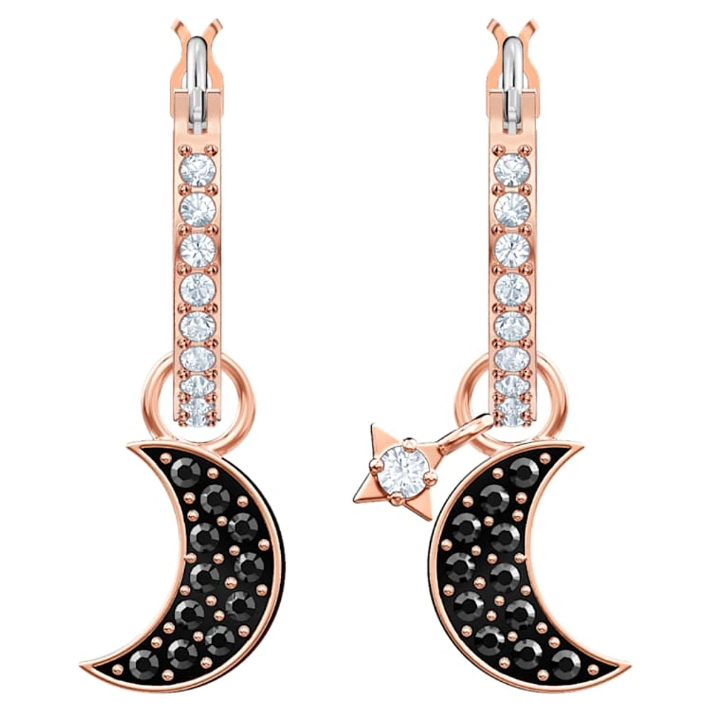 Symbolica drop earrings, Moon and star, Black, Rose gold-tone plated by SWAROVSKI