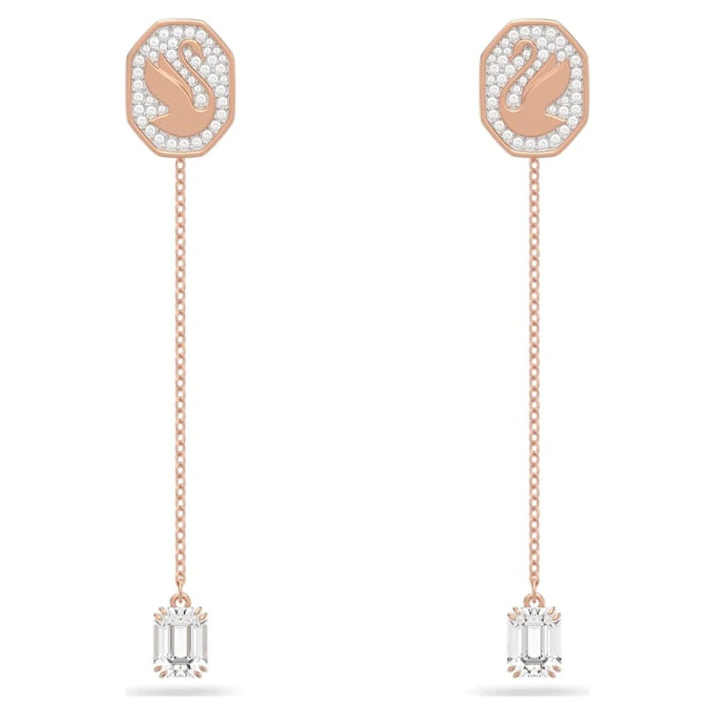 Swan drop earrings, Swan, White, Rose gold-tone plated by SWAROVSKI