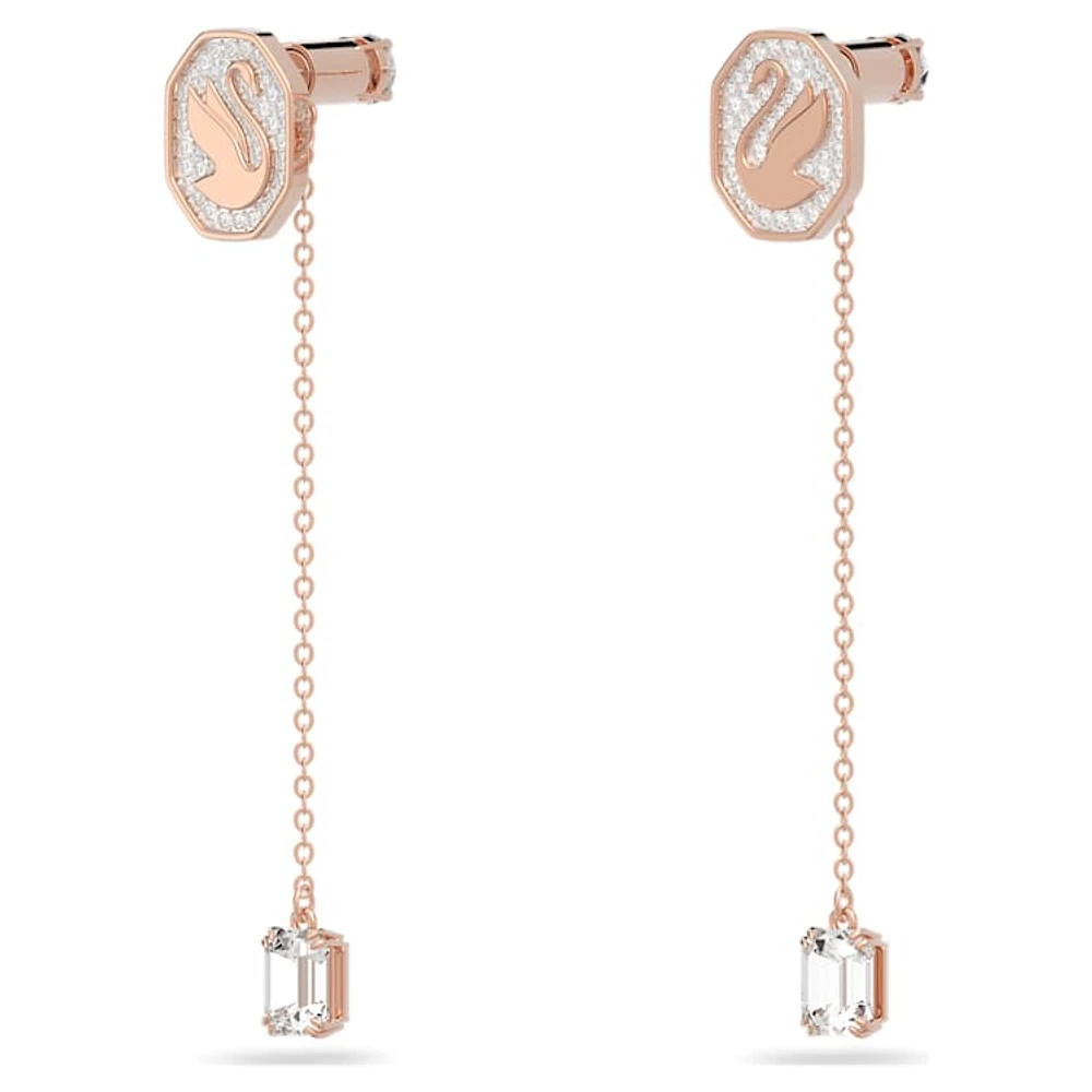 Swan drop earrings, Swan, White, Rose gold-tone plated by SWAROVSKI