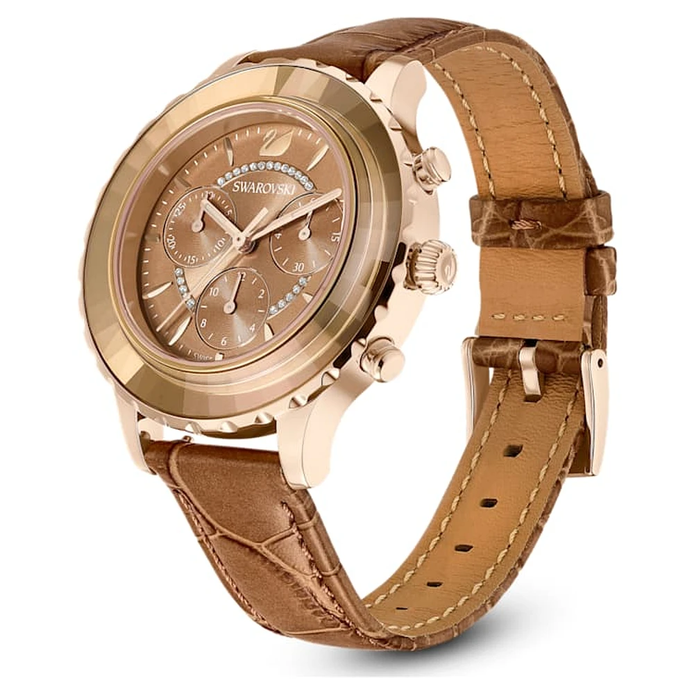 Octea Lux Chrono watch, Swiss Made, Leather strap, Brown, Gold-tone finish by SWAROVSKI