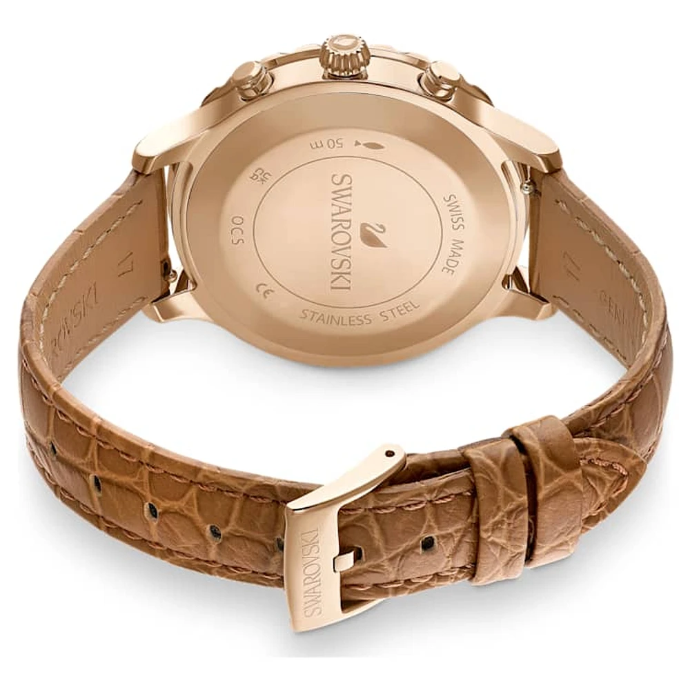 Octea Lux Chrono watch, Swiss Made, Leather strap, Brown, Gold-tone finish by SWAROVSKI