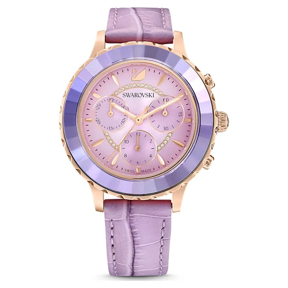 Octea Lux Chrono watch, Swiss Made, Leather strap, Purple, Rose gold-tone finish by SWAROVSKI