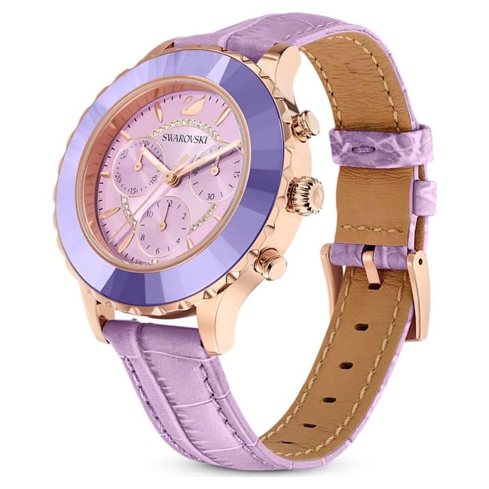 Octea Lux Chrono watch, Swiss Made, Leather strap, Purple, Rose gold-tone finish by SWAROVSKI