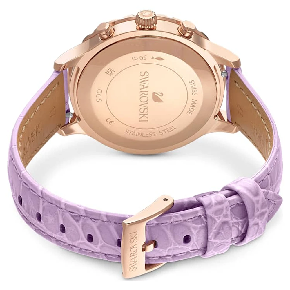 Octea Lux Chrono watch, Swiss Made, Leather strap, Purple, Rose gold-tone finish by SWAROVSKI