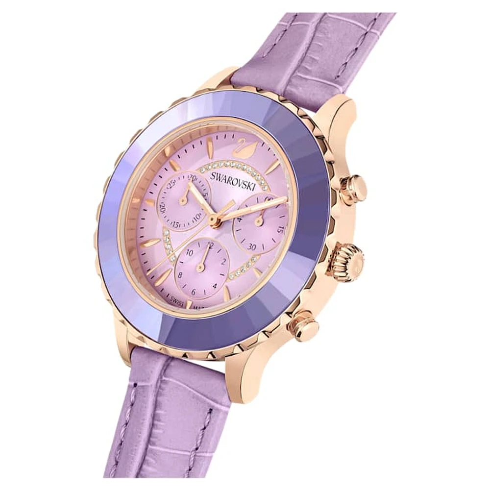 Octea Lux Chrono watch, Swiss Made, Leather strap, Purple, Rose gold-tone finish by SWAROVSKI