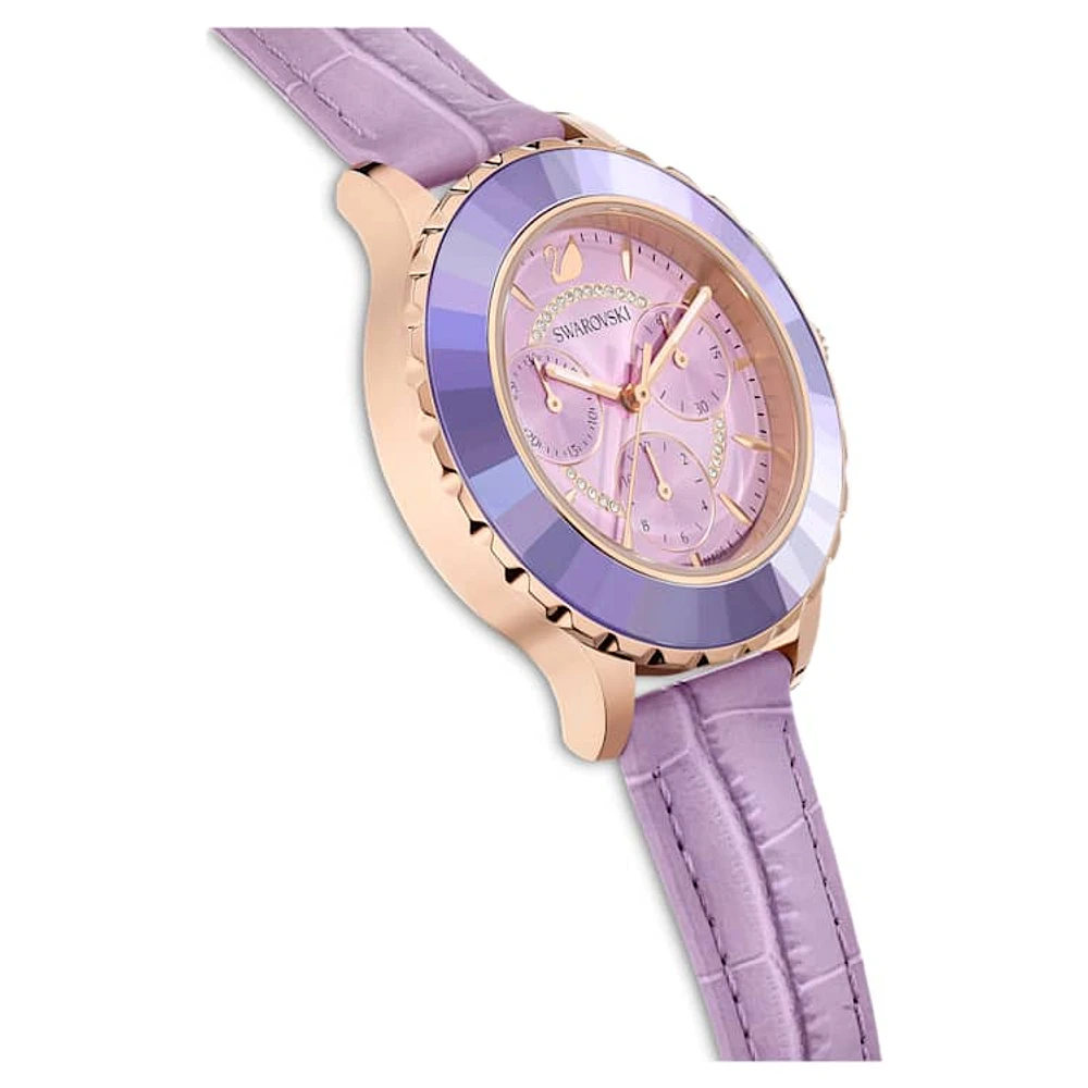 Octea Lux Chrono watch, Swiss Made, Leather strap, Purple, Rose gold-tone finish by SWAROVSKI