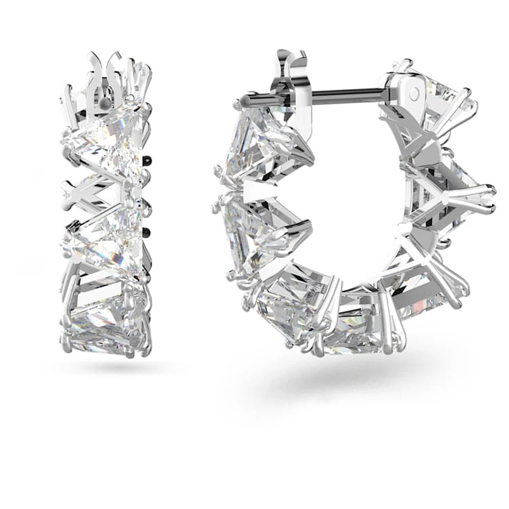 Matrix hoop earrings, Triangle cut, Small, White, Rhodium plated by SWAROVSKI