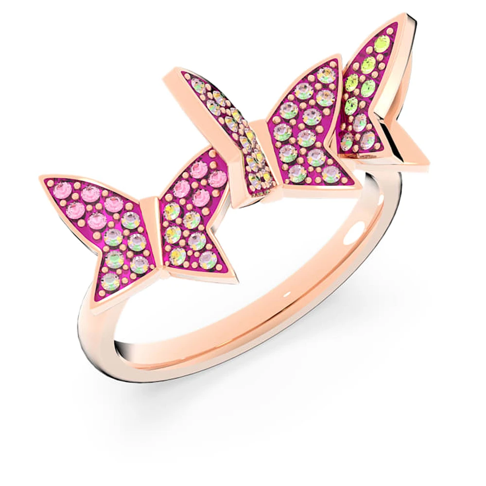 Idyllia Lilia ring, Set (3), Butterfly, Pink, Rose gold-tone plated by SWAROVSKI