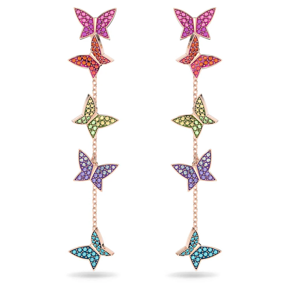 Idyllia Lilia drop earrings, Butterfly, Long, Multicoloured, Rose gold-tone plated by SWAROVSKI