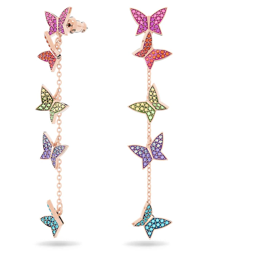 Idyllia Lilia drop earrings, Butterfly, Long, Multicoloured, Rose gold-tone plated by SWAROVSKI