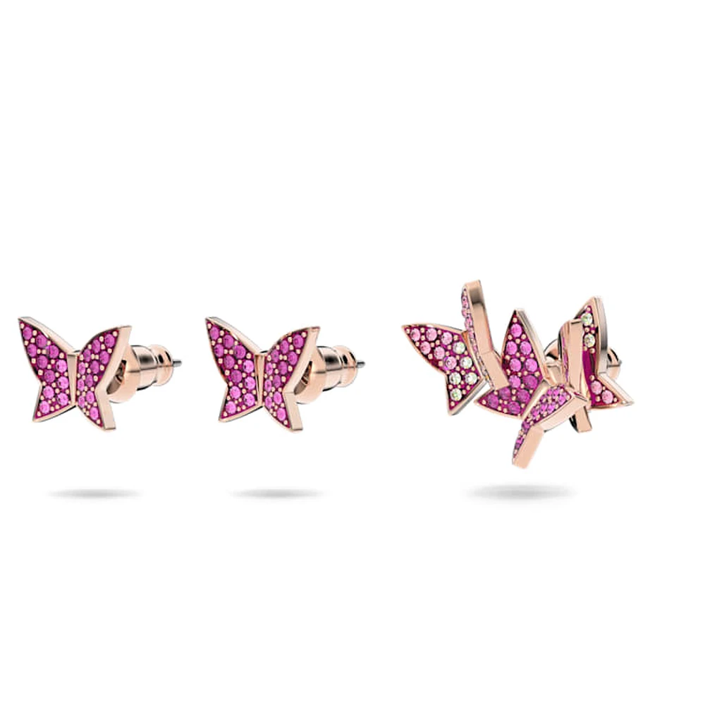 Idyllia Lilia stud earrings, Set (3), Butterfly, Pink, Rose gold-tone plated by SWAROVSKI