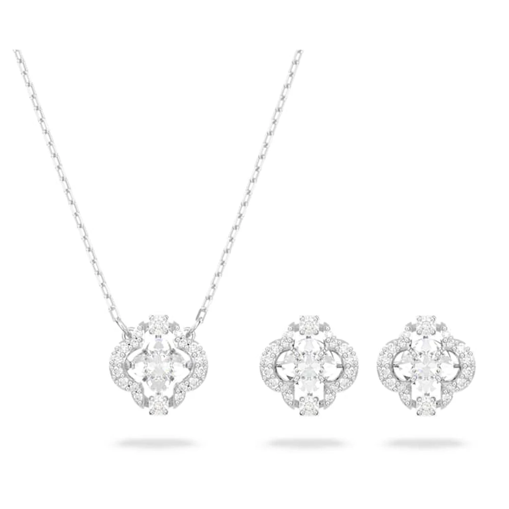 Una set, Mixed cuts, Clover, White, Rhodium plated by SWAROVSKI