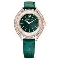 Crystalline Aura watch, Swiss Made, Leather strap, Green, Rose gold-tone finish by SWAROVSKI