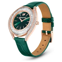 Crystalline Aura watch, Swiss Made, Leather strap, Green, Rose gold-tone finish by SWAROVSKI