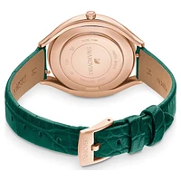 Crystalline Aura watch, Swiss Made, Leather strap, Green, Rose gold-tone finish by SWAROVSKI