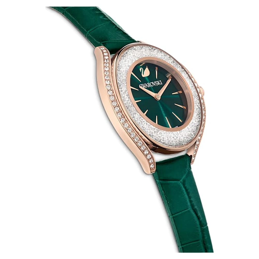 Crystalline Aura watch, Swiss Made, Leather strap, Green, Rose gold-tone finish by SWAROVSKI