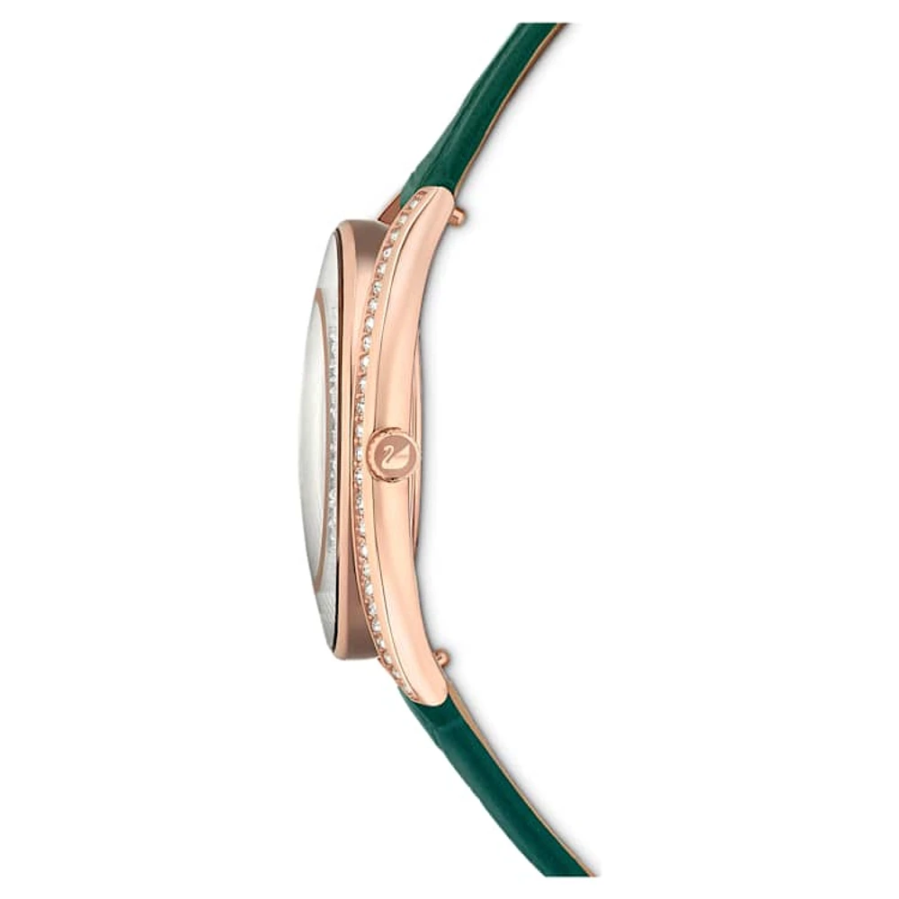 Crystalline Aura watch, Swiss Made, Leather strap, Green, Rose gold-tone finish by SWAROVSKI