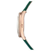 Crystalline Aura watch, Swiss Made, Leather strap, Green, Rose gold-tone finish by SWAROVSKI