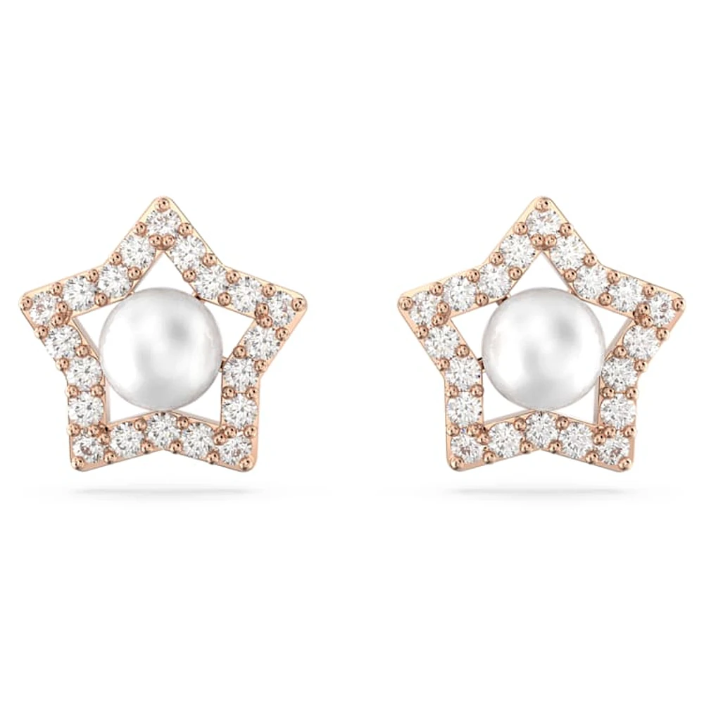 Stella stud earrings, Round cut, Star, White, Rose gold-tone plated by SWAROVSKI