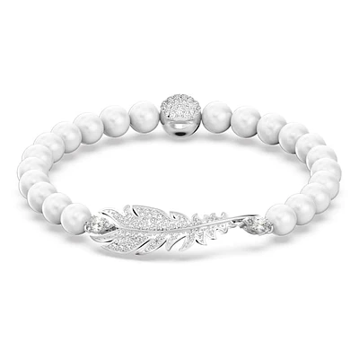 Idyllia bracelet, Magnetic closure, Feather, White, Rhodium plated by SWAROVSKI