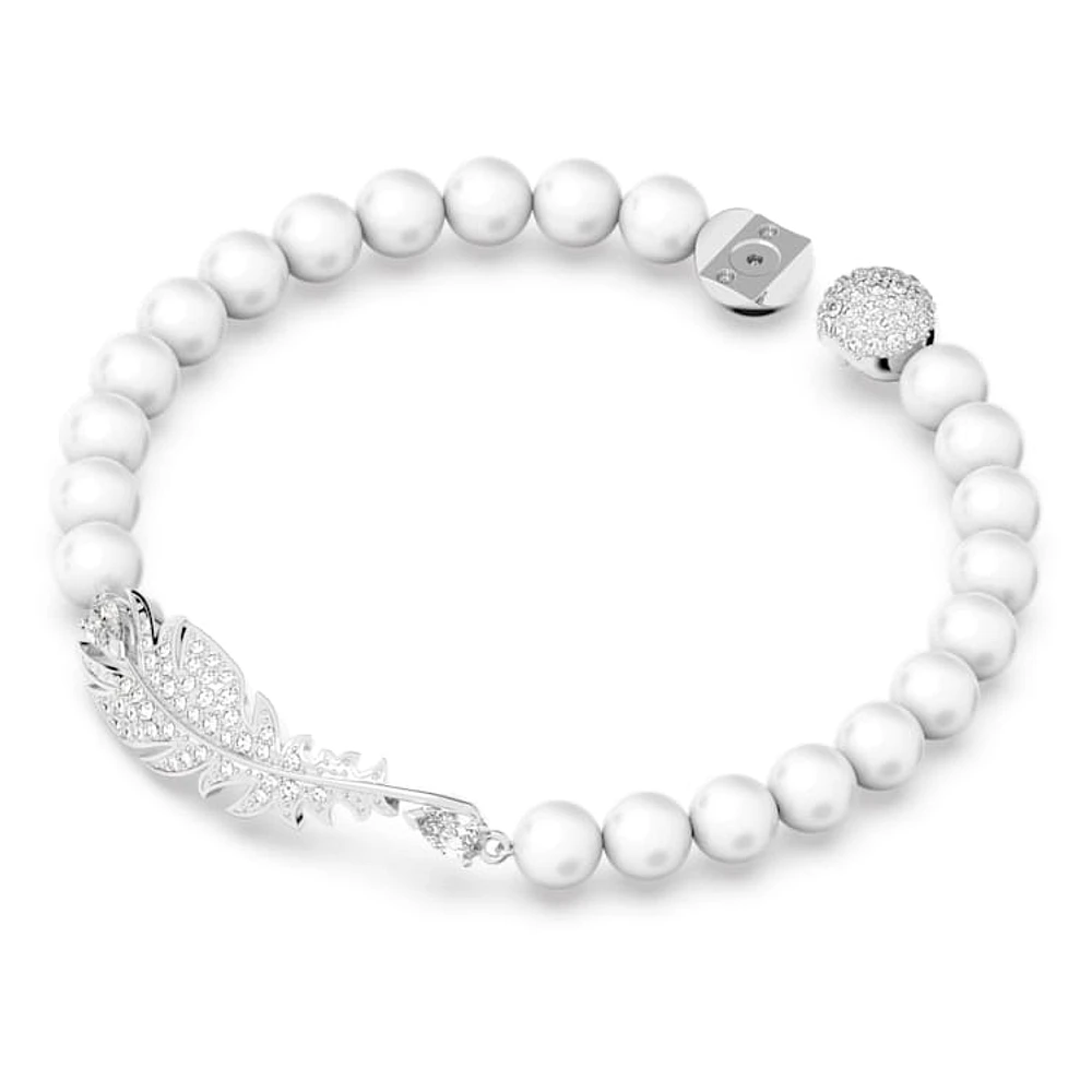 Idyllia bracelet, Magnetic closure, Feather, White, Rhodium plated by SWAROVSKI