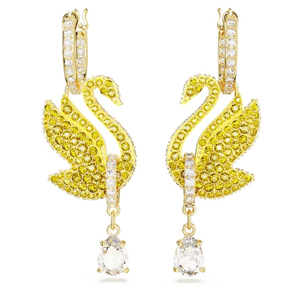 Swan drop earrings, Swan, Yellow, Gold-tone plated by SWAROVSKI