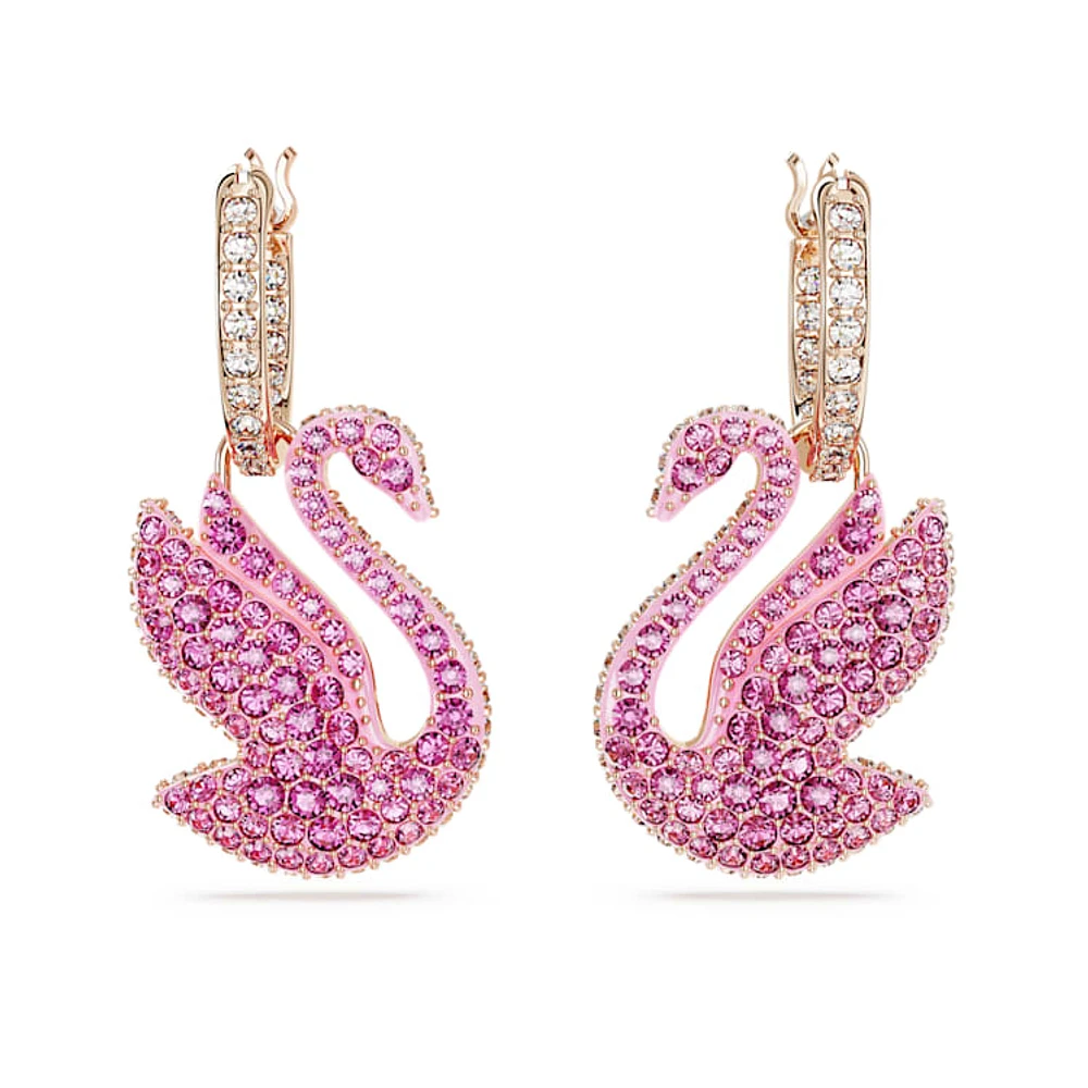 Swan drop earrings, Swan, Pink, Rose gold-tone plated by SWAROVSKI