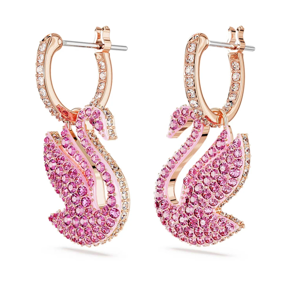 Swan drop earrings, Swan, Pink, Rose gold-tone plated by SWAROVSKI